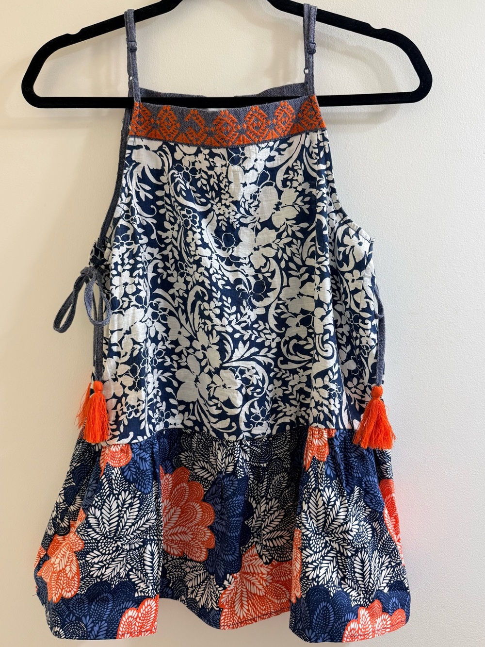 THML Navy Blue White and Orange Floral Halter Tank Top - Picture 3 of 12